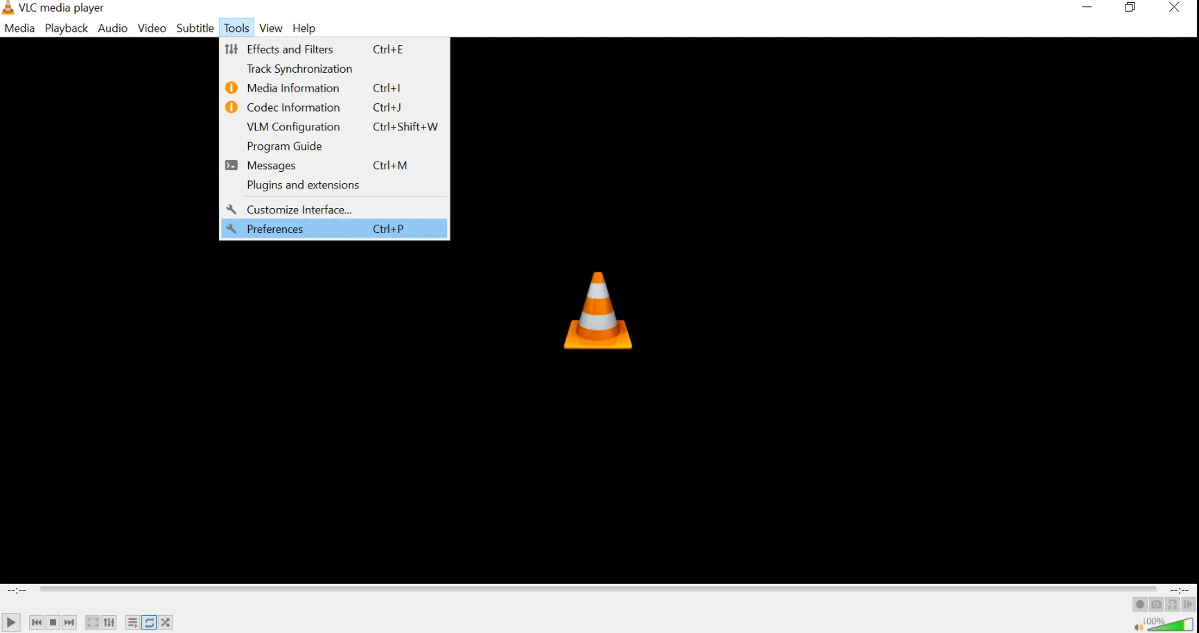 Accéder aux préférences de VLC dans le menu Outils.